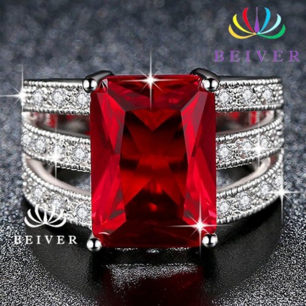 Emerald Cut Ruby Triple Band CZ‎ White Gold Filled